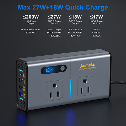 Car Inverter 200W Cigarette Lighter Super Fast Charge USB Power Adapter Socket PD Charger